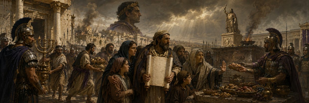 Faithful Judean families protect a blank law scroll as soldiers remove temple vessels beneath a distant Hellenistic ruler